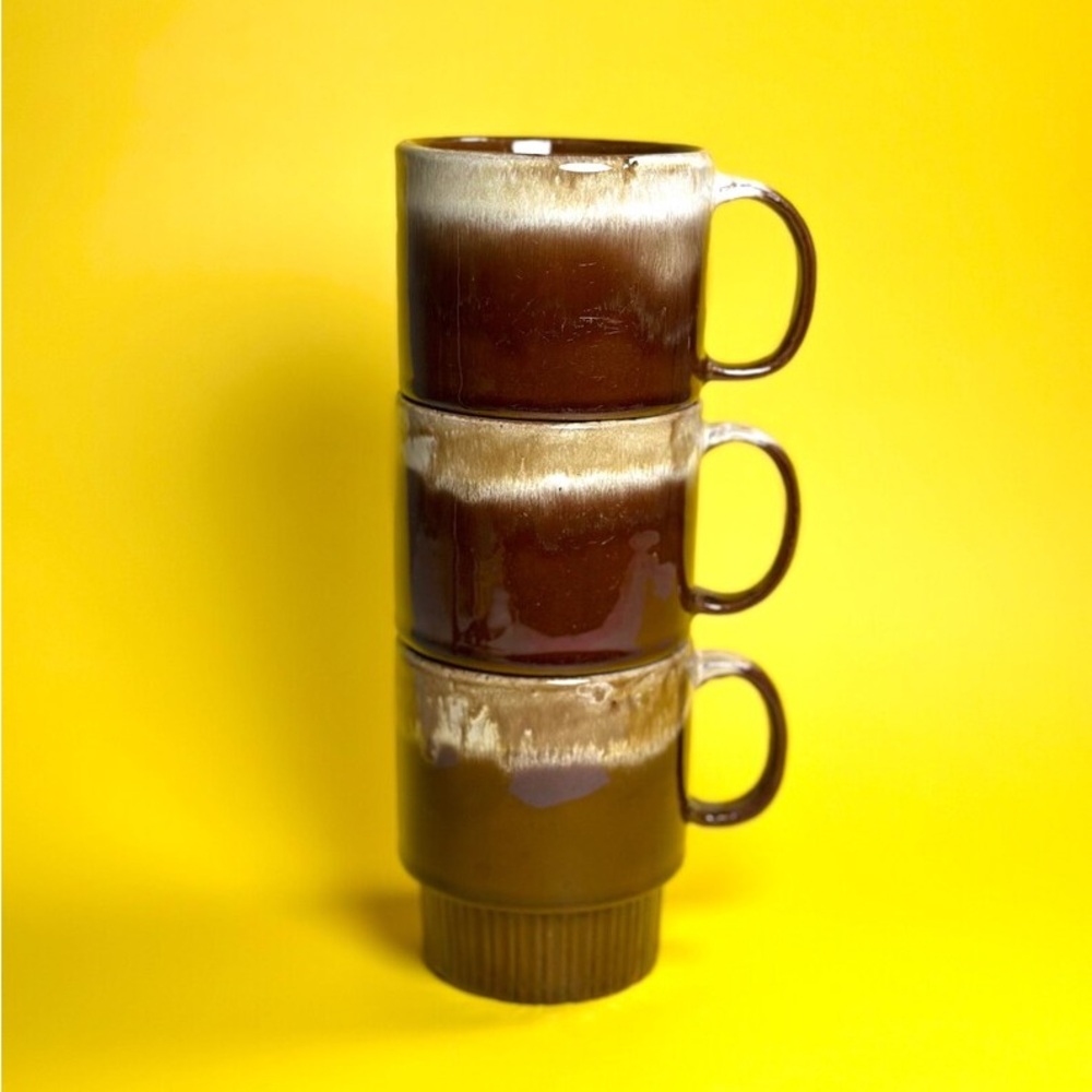 Vintage Stackable Mugs, Ceramic, Drip Glaze, 70s